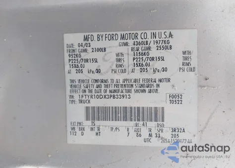 2003 Ford Ranger Xl/Xlt z USA, uszkodzony, nr VIN 1FTYR10DX3PB33913